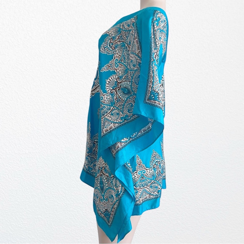 Silk Beachy Paisley Cruise Hippie Swim Kaftan Coverup Blouse Blue 100% SZ 8 - Picture 4 of 7